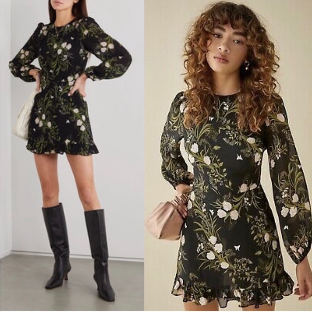 Reformation black floral puff sleeves ruffle resnick mini dress size 8